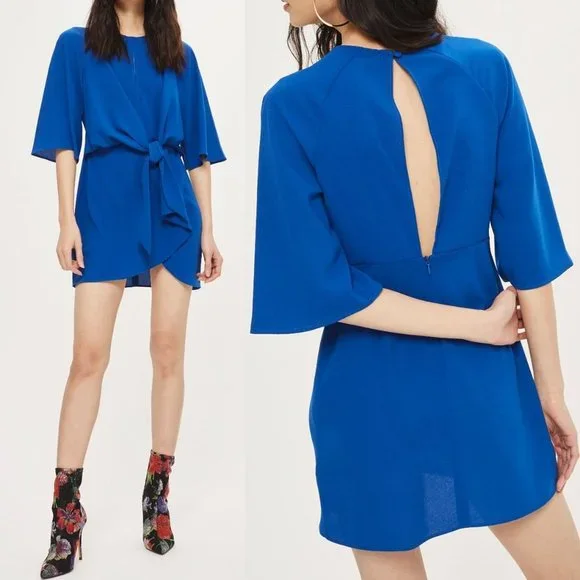 Topshop Dress Wide Half Sleeves Knot Tie Front Cobalt Royal Blue Mini Dress US 8 - Picture 2 of 16